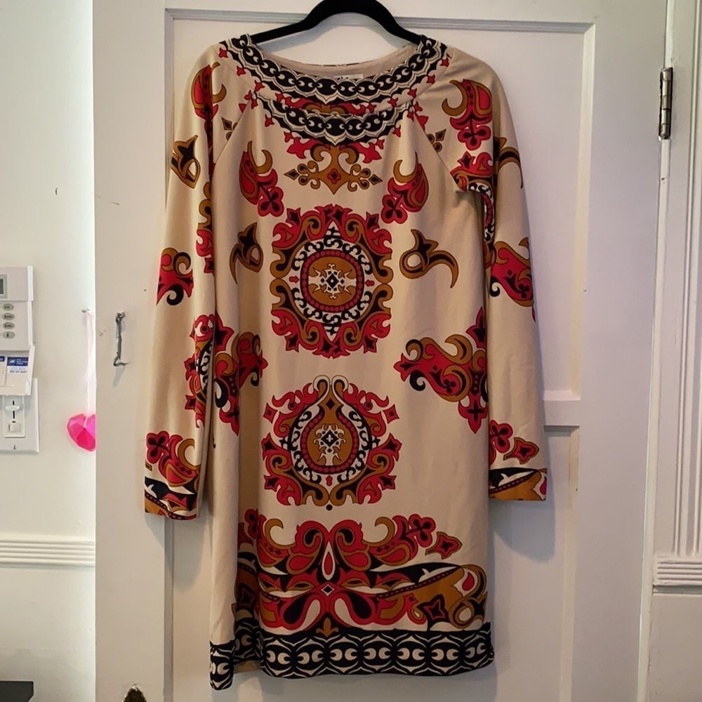 Sheath dress tan with “Versace” style pattern.